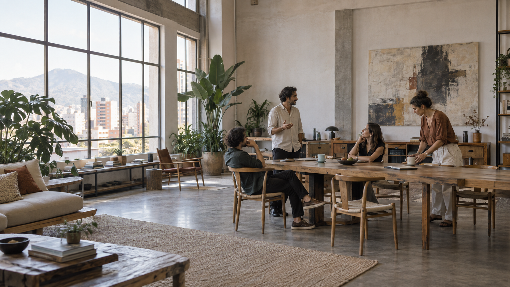 Escena ilustrativa de personas conversando en un espacio amplio y luminoso