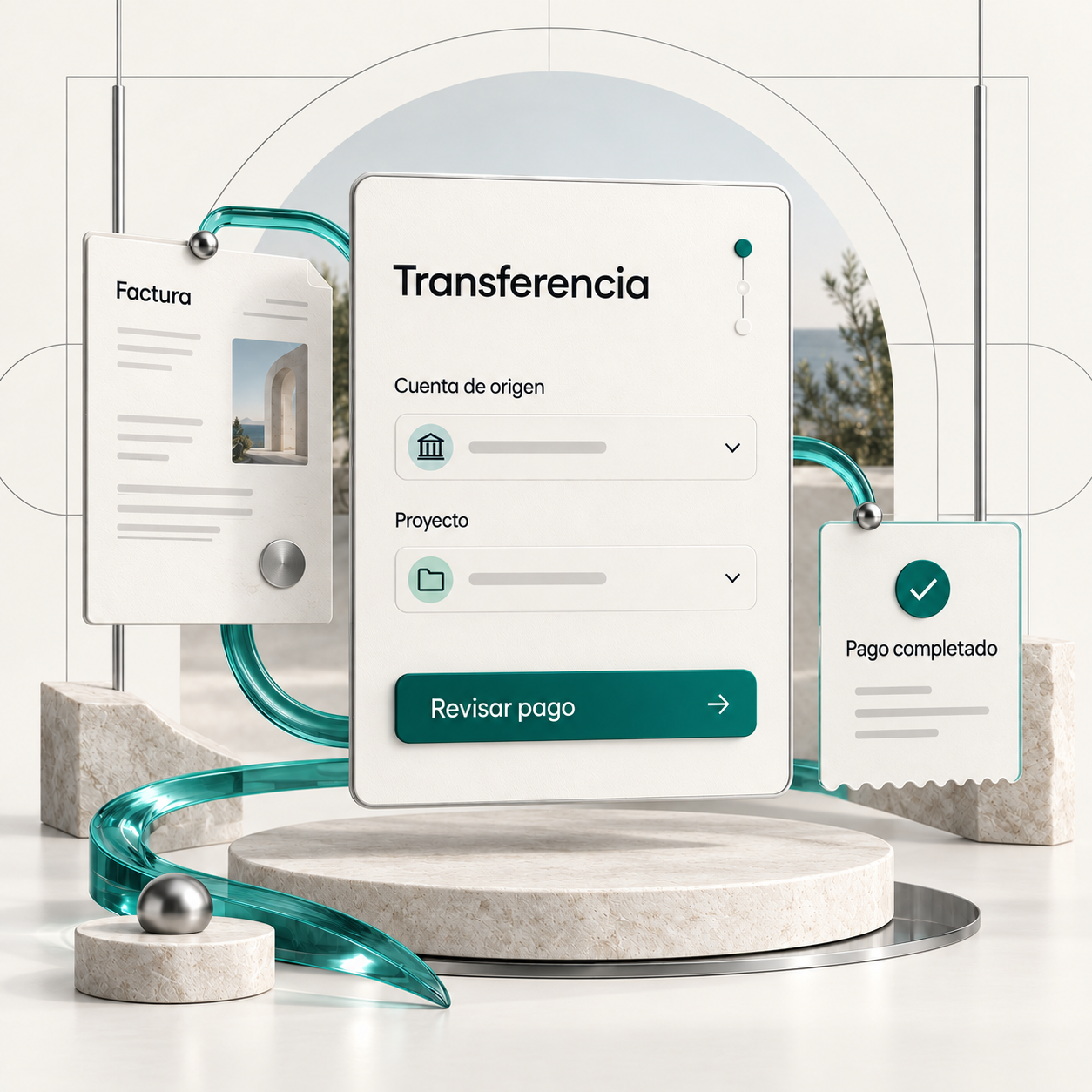 Ilustración del recorrido desde una factura hasta la revisión y confirmación de una transferencia.