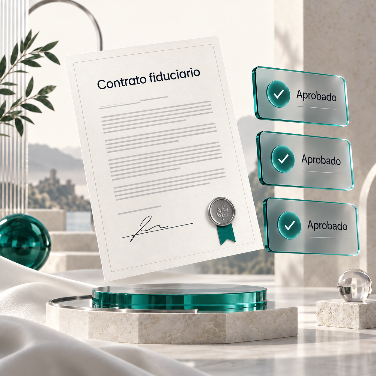 Ilustración de un contrato fiduciario digital conectado a sus aprobaciones.