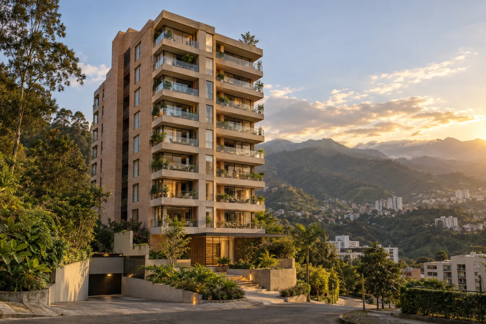 Torre residencial de ladrillo en una ladera al atardecer, con montañas al fondo